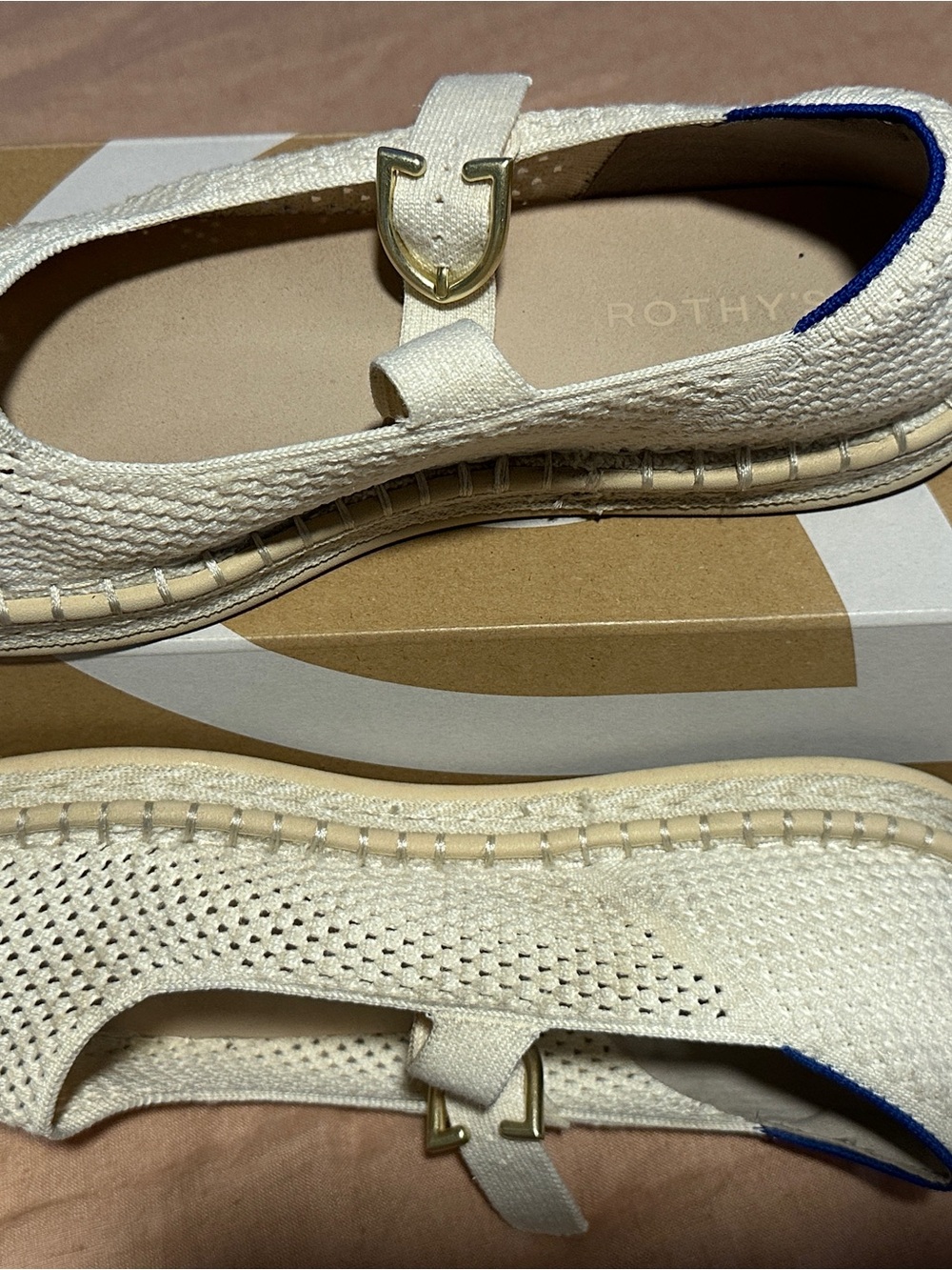 Rothy's Cream Knit Mary Jane Flats with Gold Buckle and Blue Trim